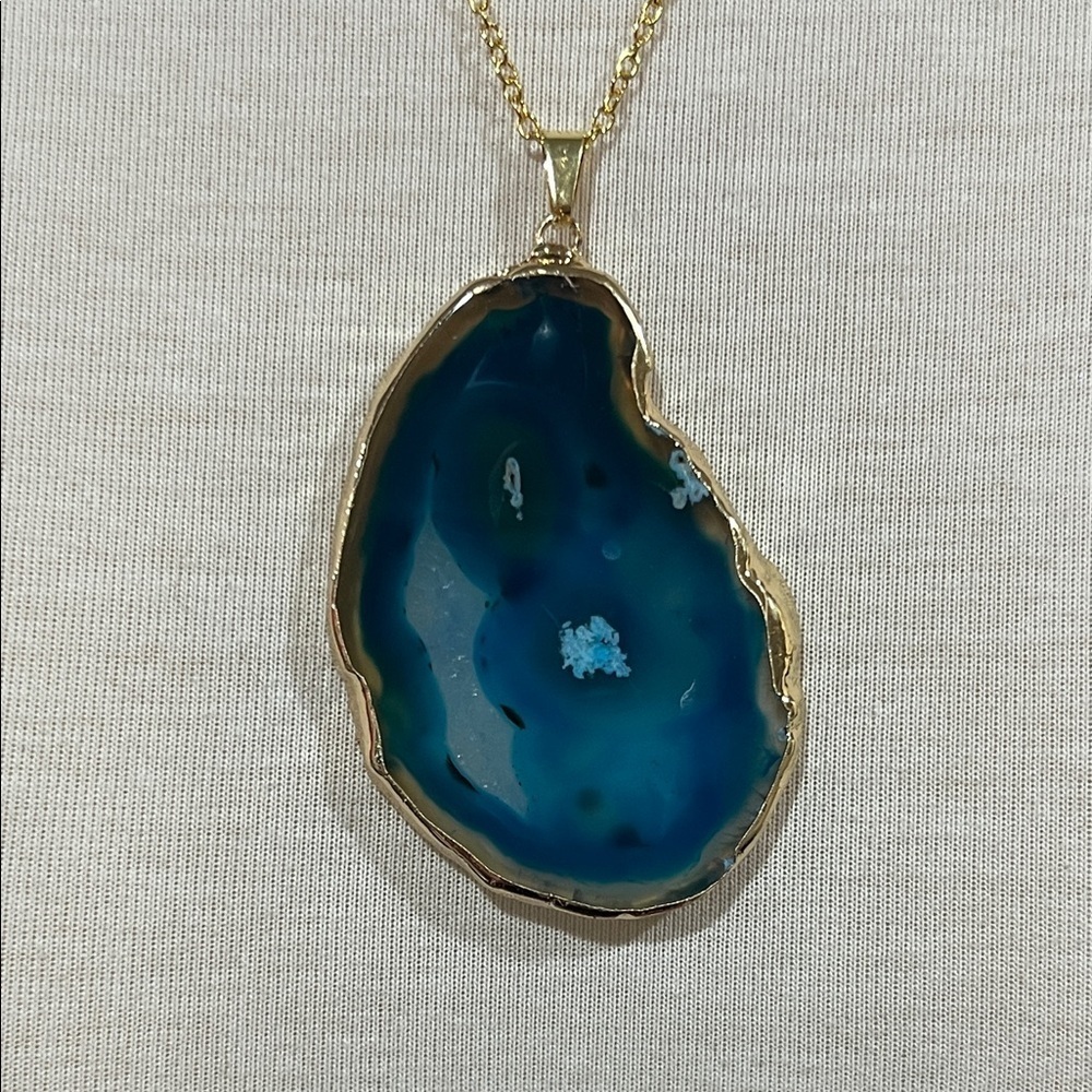 Blue Agate Slice Pendant Necklace – Coastal Statement Stone with Gold Trim